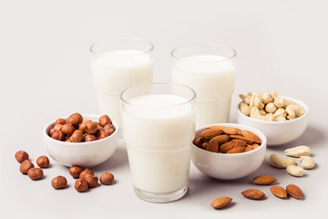 Different types of vegan non diary milk. Health care and diet concept
