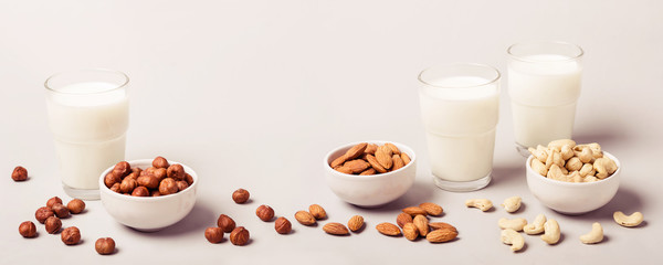 Different types of vegan non diary milk and ingredients. Health care and diet concept. Banner format
