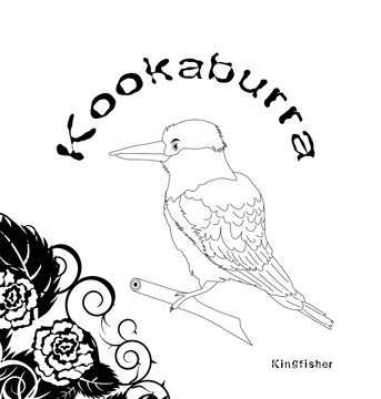 Kookaburra. Emblem. Flowers and curls.  Black and white tones.