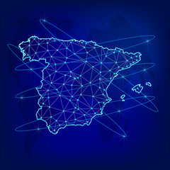 Global logistics network concept. Communications network map  Spain on the world background. Map of  Spain with nodes in polygonal style. Vector illustration EPS10. 