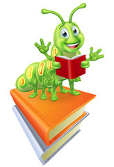 A cute bookworm caterpillar worm cartoon character education mascot on a stack of books reading 