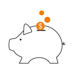 Icon of piggy bank. Saving money. Vector pig. Coins of Dollar. 