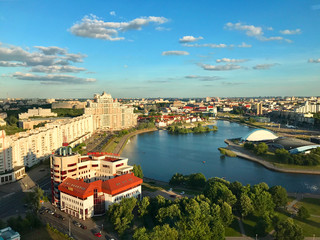 bird's eye view of the city center Minsk in Belarus in Eastern Europe near the river Nemiga and Svisloch