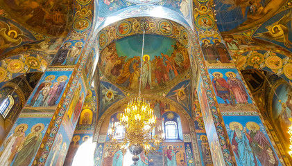 Fototapeta na wymiar Fragment of interior of The Church of the Savior on Spilled Blood (Cathedral of the Resurrection of Christ) The church contains over 7500 square meters of mosaics