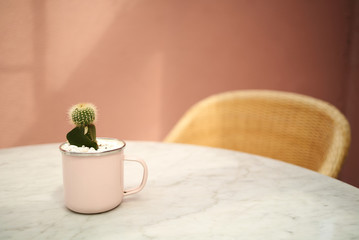 small cactus growing in a metal mug on a round table with a rattan armchair and pink wall in background