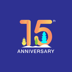 15 years anniversary celebration logotype. Multicolor number with modern leaf and snow background. Design for booklet, leaflet, magazine, brochure, poster, web, invitation or greeting card.