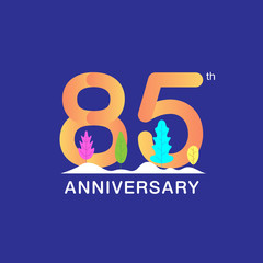 85 years anniversary celebration logotype. Multicolor number with modern leaf and snow background. Design for booklet, leaflet, magazine, brochure, poster, web, invitation or greeting card.