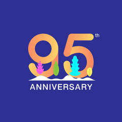 95 years anniversary celebration logotype. Multicolor number with modern leaf and snow background. Design for booklet, leaflet, magazine, brochure, poster, web, invitation or greeting card.