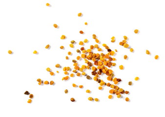 Pile fresh bee pollen isolated on white background, top view with clipping path