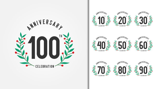 Set of anniversary logotype with laurel wreath. Design for company profile, booklet, leaflet, magazine, brochure poster, web, invitation or greeting card.
