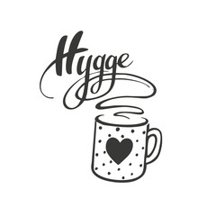 Hot chocolate cup with heart and hand sketched lettering Hygge. Design element for banner, logo, flayer, label, icon, badge, sticker. Black isolated inscription on white background. Isolated vector
