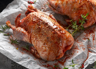 Raw wild mallard ducks Marinade with salt, pepper, herbs. ready to be cooked. Game or quarry birds
