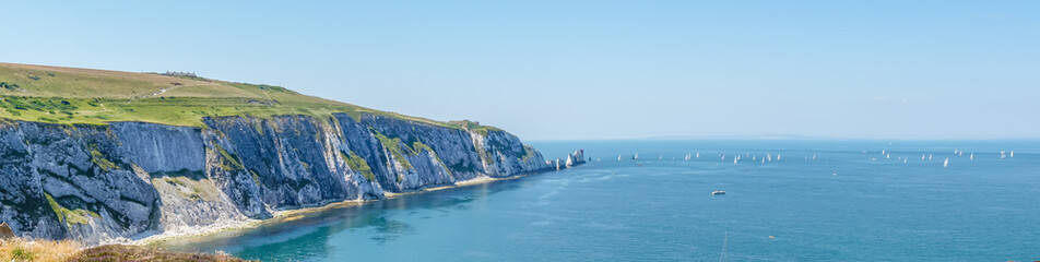 Panoramic view over the Needles of the Isle of Wight in UK.
