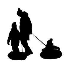 Father and children ride on inflatable tubing in the snow. Winter fun. Vector illustration of black silhouette on white background