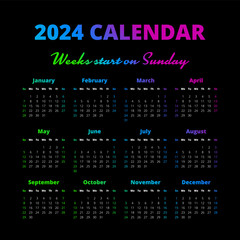 Simple 2024 year calendar, weeks start on Sunday