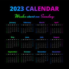 Simple 2023 year calendar, weeks start on Sunday