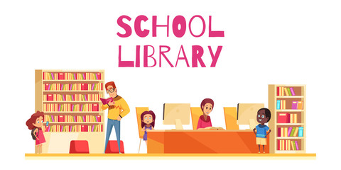 School Library Cartoon Illustration