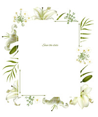 Flowers. Floral background. Lilies. White. Green leaves. Border.