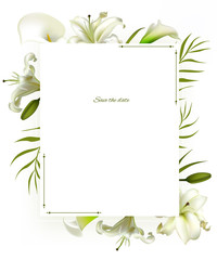 Flowers. Floral background. Calla. Lilies. White. Green leaves. Border.