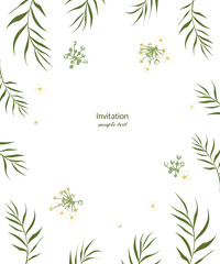 White flowers. Floral background. Green leaves. Palm leaves.