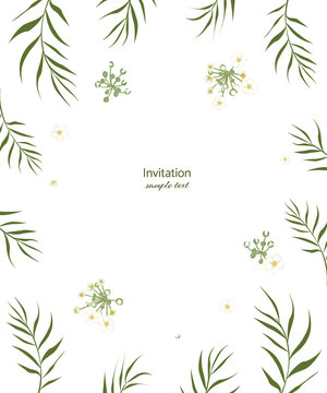 White flowers. Floral background. Green leaves. Palm leaves. © Nataliia