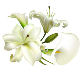 White flowers. Flower background. Bouquet. Calla. Lilies. Green leaves. 