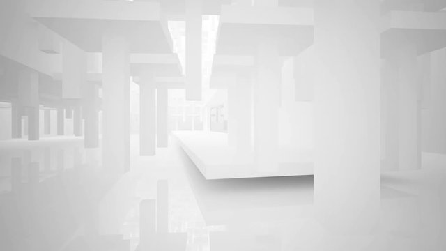 Abstract white interior multilevel public space with window. 3D animation and rendering.