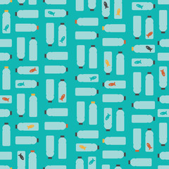 Vector Illustration: Seamless Pattern: Death Fishes in Plastic Bottles on Light Blue Background.