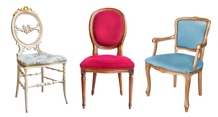 Fototapeta premium Three gorgeous vintage chairs isolated on white background. Chairs with blue, red and white upholstery.