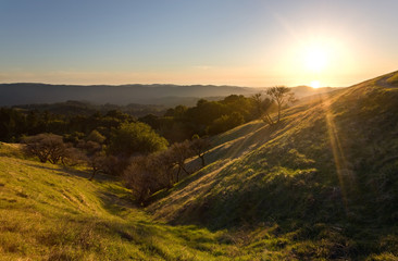 Naklejka na ściany i meble Coastal California Hillsides at Sunset in Spring (Russian Ridge Open Space)