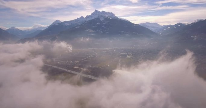 Monthey industry, frontal traveling - Aerial 4K