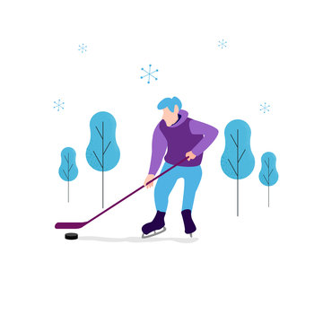 Vector image in flat style. Winter theme. A man with a hockey stick, in hockey equipment