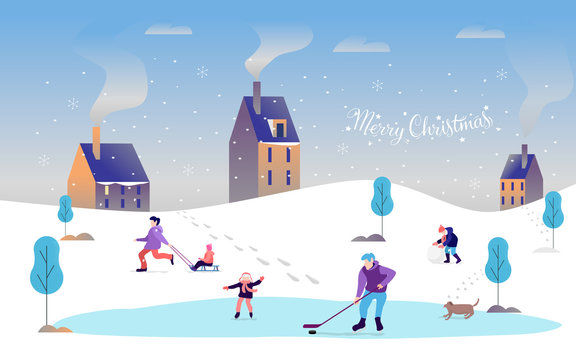 Vector image in flat style. Winter landscape. Rink. The guy with the club, the child is skating, an adult man with a child on a sled, the child rolls a snow globe.