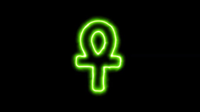 The appearance of the green neon symbol ankh. Flicker, In - Out. Alpha channel Premultiplied - Matted with color black