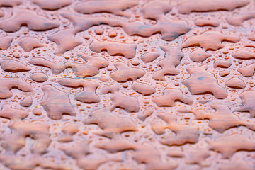 Rain drops on a wooden table. Select focal point in the center of the image. Good to be a background image or a graphic.