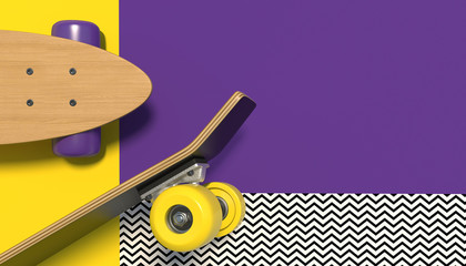 Wooden skateboard with bright colored wheels on a colorful background with geometric patterns. Copy space. Minimalistic creative concept. 3D render.