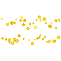 Wedding glitter confetti with dots on isolated backdrop. Random falling sequins with metallic shimmer. Design with gold wedding glitter for party invitation, bridal shower and save the date invite.