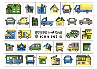 車と家のアイコンセット(手書風線画に着色)