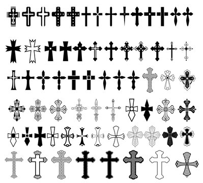 Big set of christian orthodoxy crosses in different styles and shapes isolated on white background.