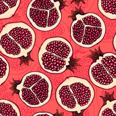 Vector seamless pattern with hand drawn pomegranate slices. Element for design