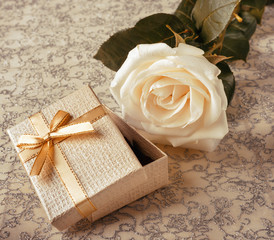 Beautiful white rose with a golden gift box for Valentine's Day