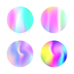 Holographic abstract backgrounds set. Futuristic holographic backdrop with gradient mesh. 90s, 80s retro style. Pearlescent graphic template for banner, flyer, cover, mobile interface, web app.