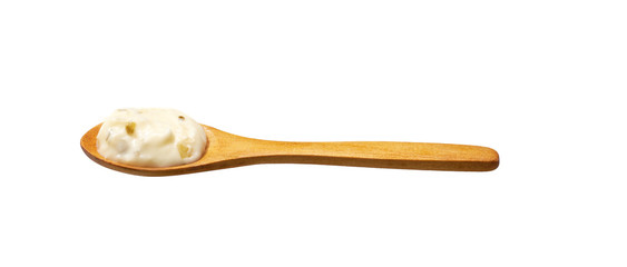 Tartar sauce  in small wooden spoon isolated on white background,