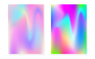 Holographic gradient background set with hologram cover. 90s, 80s retro style. Iridescent graphic template for flyer, poster, banner, mobile app. Fluorescent minimal holographic gradient.