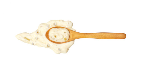Tartar sauce  in small wooden spoon isolated on white background,top view