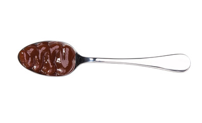 bbq sauce in small metal spoon  isolated on white background,top view