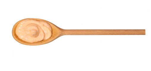 Shrimp sauce   in  wooden spoon isolated on white background,top view