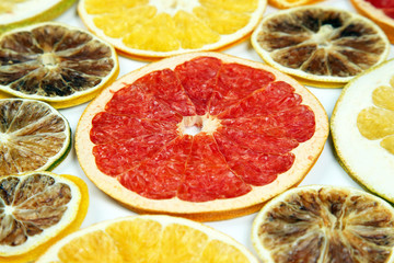 Dried slices of various citrus fruits closeup on white background