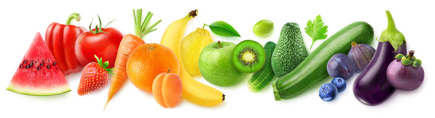 Geïsoleerde vruchten in een lijn. Regenboog gemaakt van verse groenten en fruit geïsoleerd op een witte achtergrond met uitknippad