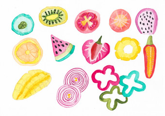 Hand draw watercolor of slice fruit and vegetable illustration